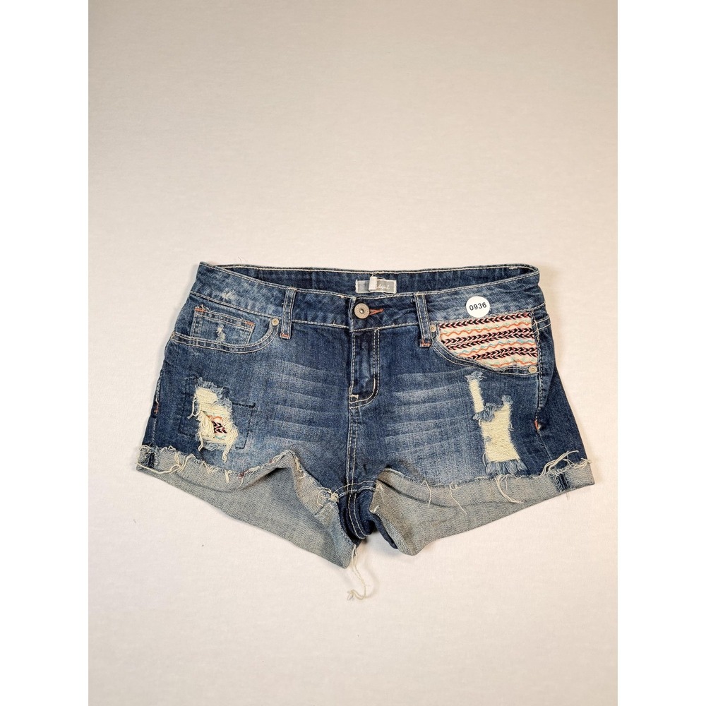 Soundgirl Shorts Juniors 9 Blue Denim Distressed Cut Off Cuffed Embroidered